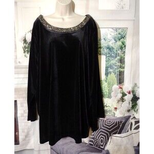 Black Velvet Long tunic Plus Size Womens 3X Beaded Neckline Bottom Vents Festive
